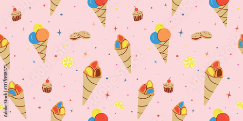 Seamless ice cream pattern. Delicious street food, confectionery. Cone-shaped waffles with filling, ice cream balls in a cup, ice cream in a cone. Flat art vector cartoon background for print, banner