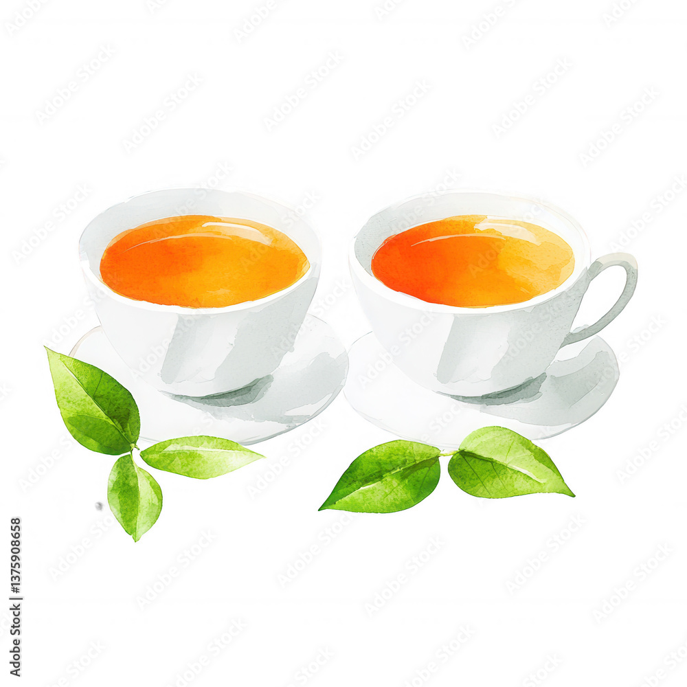 Two elegant tea cups filled with steaming amber tea, accompanied by fresh green leaves, isolated on a white background, perfect for beverage and tea-themed designs. Two elegant tea cups filled with steaming amber tea, accompanied by fresh green leaves, isolated on a white background, perfect for beverage and tea-themed designs.