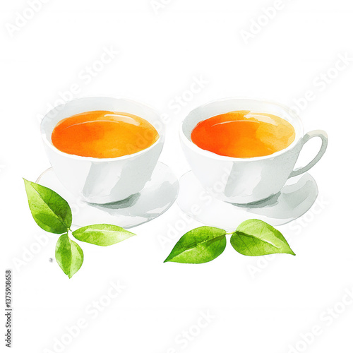 Wallpaper Mural Two elegant tea cups filled with steaming amber tea, accompanied by fresh green leaves, isolated on a white background, perfect for beverage and tea-themed designs. Torontodigital.ca