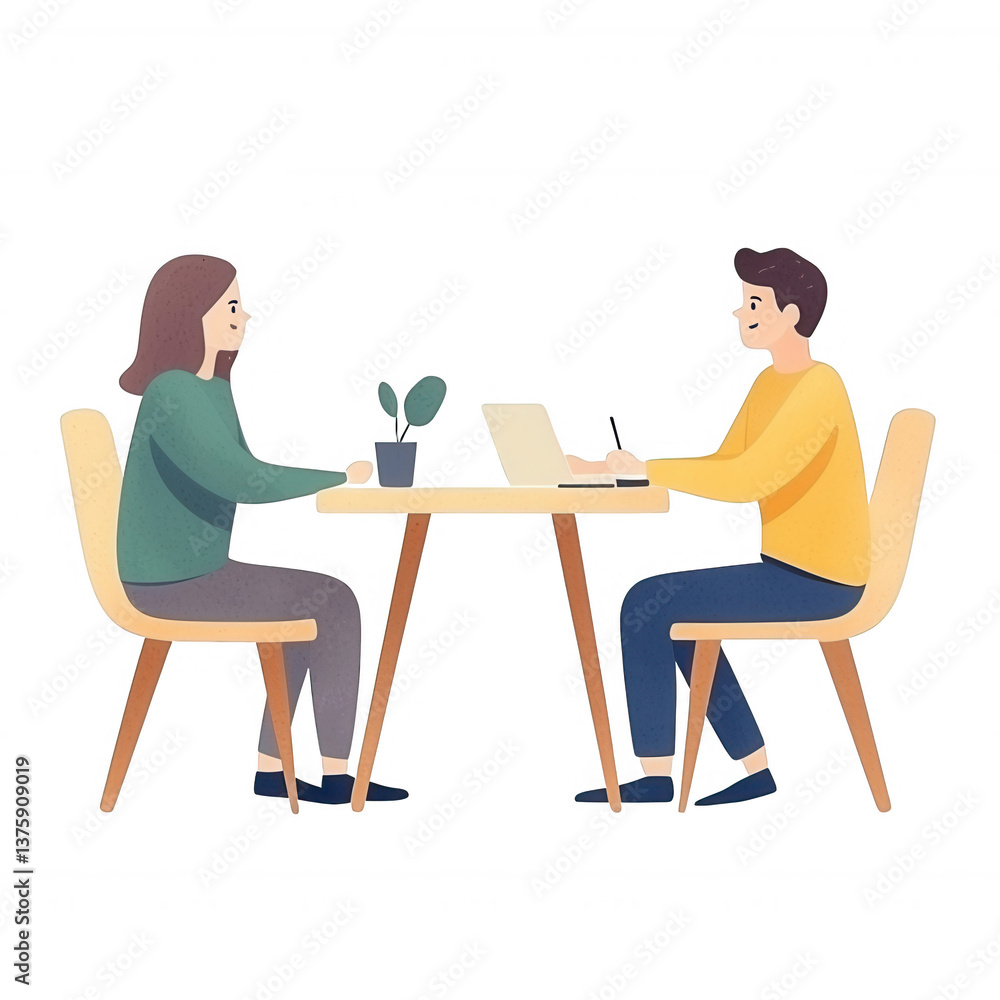 Two people engaged in a collaborative discussion at a table, with laptops and a plant, on a white isolate background. Two people engaged in a collaborative discussion at a table, with laptops and a plant, on a white isolate background.
