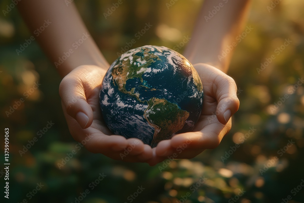 Hands gently holding the Earth in a forest environment symbolizing sustainability, ecology, nature protection, global care and environmental responsibility