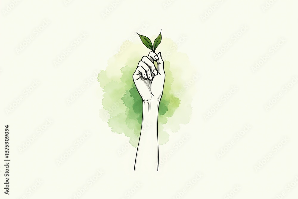 Hand holding small plant sprout with green watercolor background
