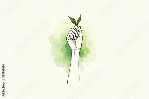 Obraz na płótnie Hand holding small plant sprout with green watercolor background w salonie