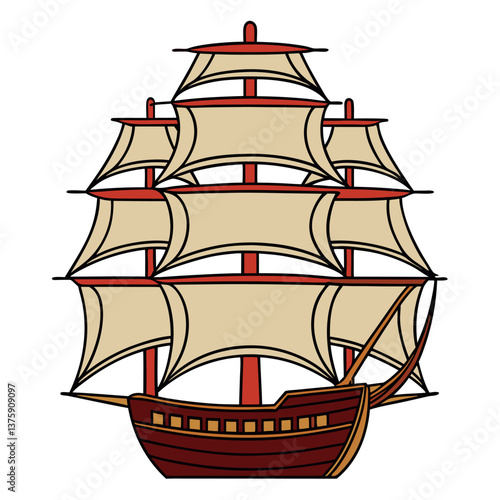 Pirate ship large complex fancy lots of sails.