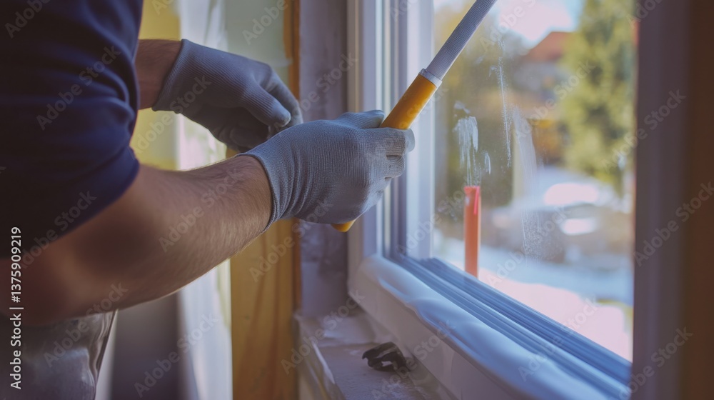 A construction worker applying sealant to windows at a job site. Featuring attention to detail and care A construction worker applying sealant to windows at a job site. Featuring attention to detail and care