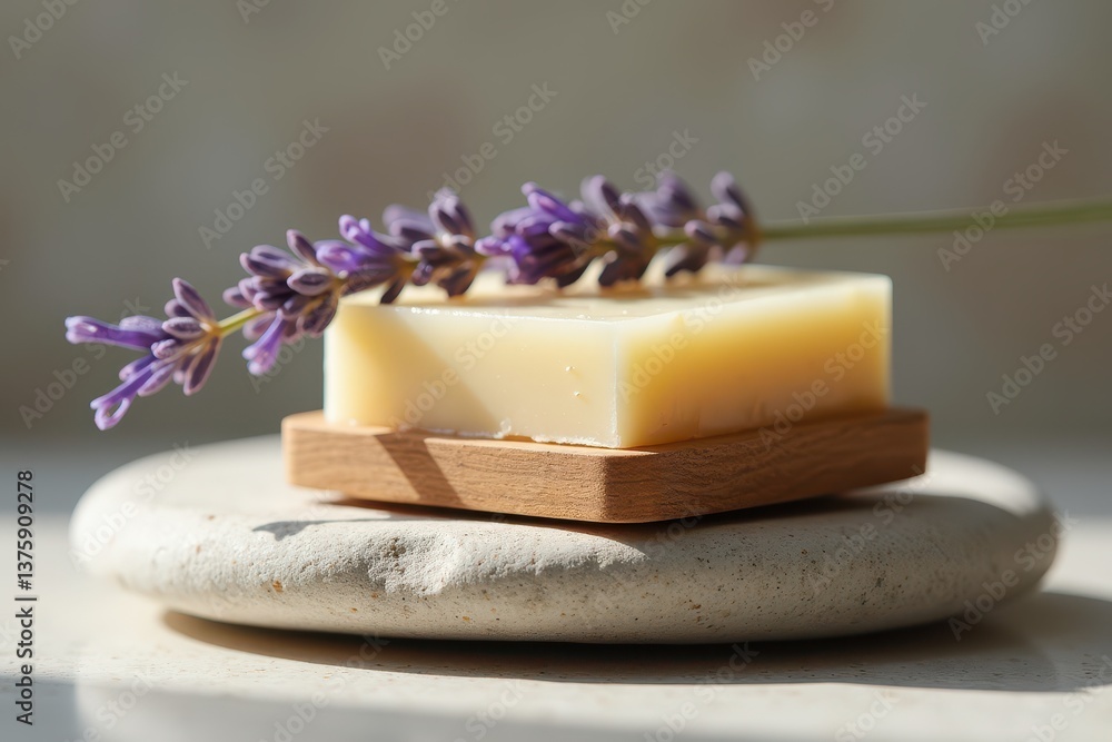 Natural lavender soap on wooden dish sunlight