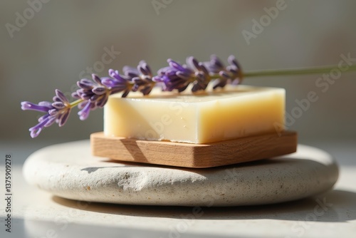 Obraz na płótnie Natural lavender soap on wooden dish sunlight w salonie