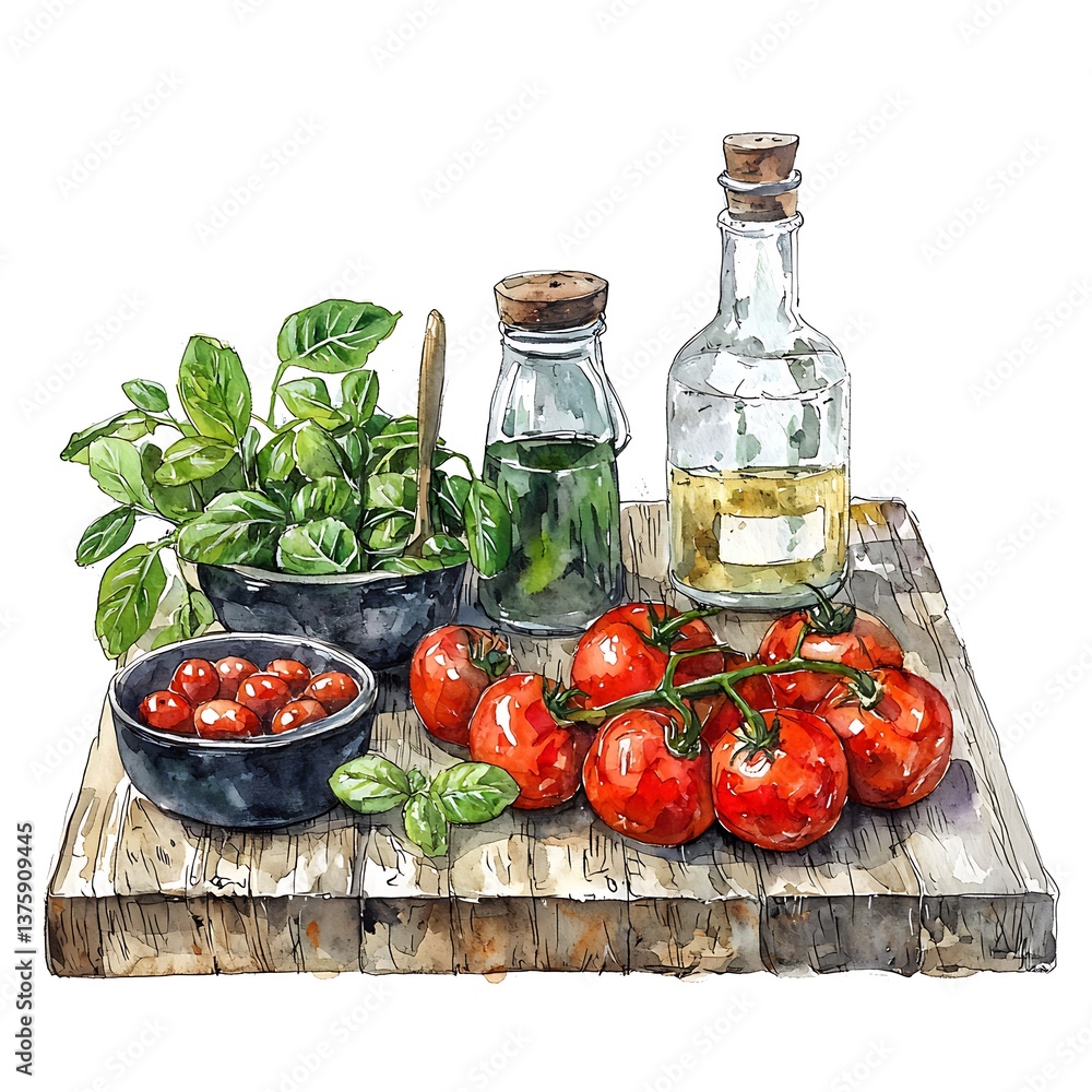 Watercolor Painting of Tomatoes, Basil, and Olive Oil on Rustic Wooden Board. A vibrant still life showcasing fresh ingredients perfect for Italian cooking. Watercolor Painting of Tomatoes, Basil, and Olive Oil on Rustic Wooden Board. A vibrant still life showcasing fresh ingredients perfect for Italian cooking.