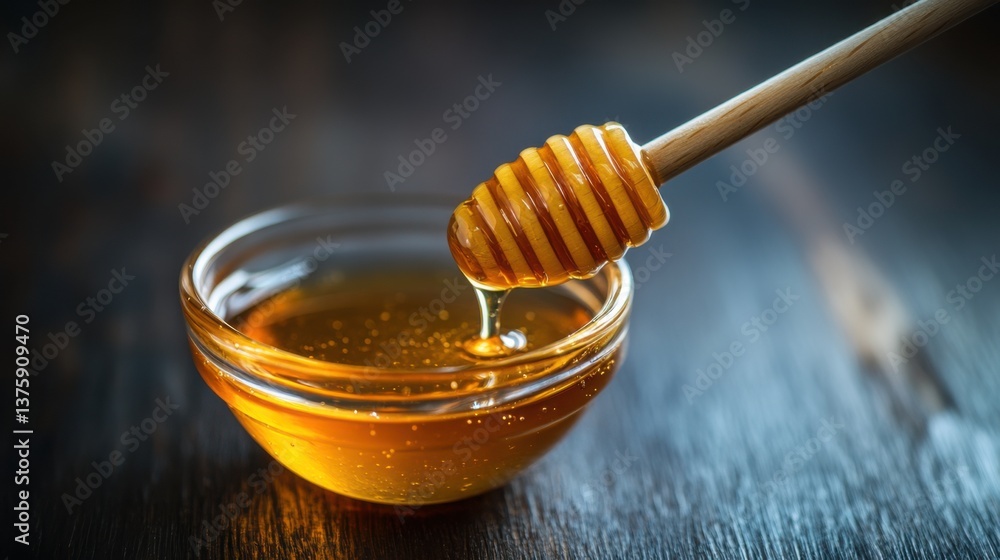 Golden honey drips from a wooden dipper into a small glass bowl on a dark wooden surface in a cozy kitchen setting Golden honey drips from a wooden dipper into a small glass bowl on a dark wooden surface in a cozy kitchen setting