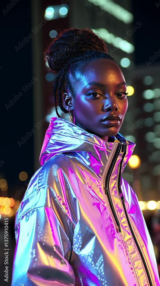 A black woman model poses in a reflective jacket while surrounded by city lights at night, creating a vibrant urban atmosphere