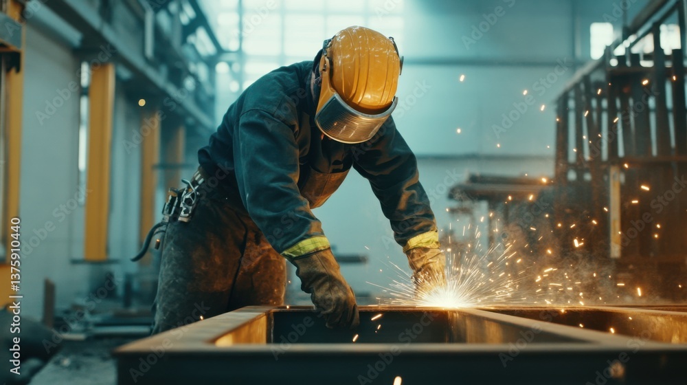 A construction worker assembling a steel frame at a job site. Featuring teamwork and expertise A construction worker assembling a steel frame at a job site. Featuring teamwork and expertise