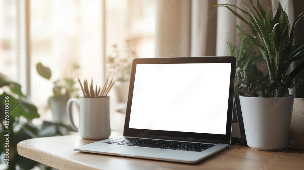 Minimalist laptop setup on birch wood desk with plants in bright Scandinavian-inspired workspace Minimalist laptop setup on birch wood desk with plants in bright Scandinavian-inspired workspace