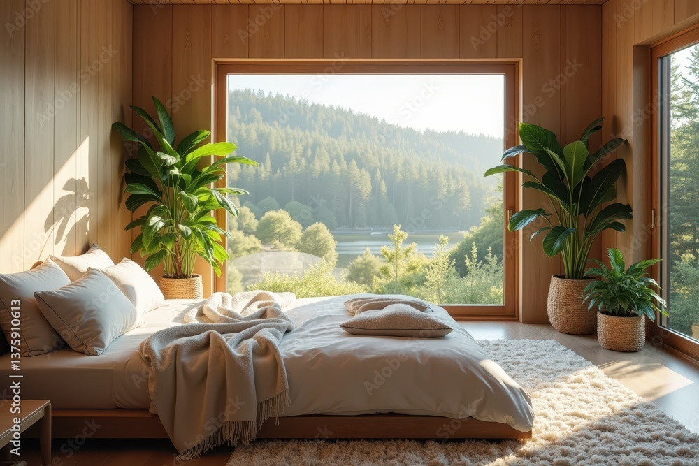 Modern bedroom with scenic view indoor plants