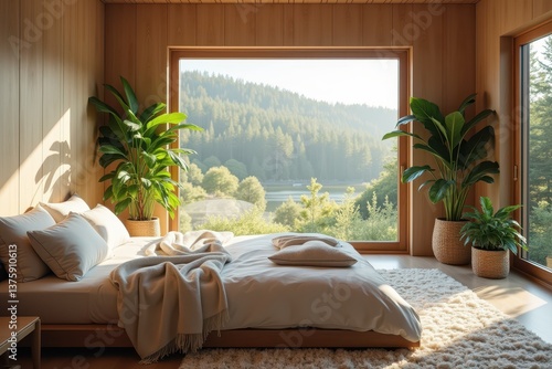 Obraz na płótnie Modern bedroom with scenic view indoor plants w salonie