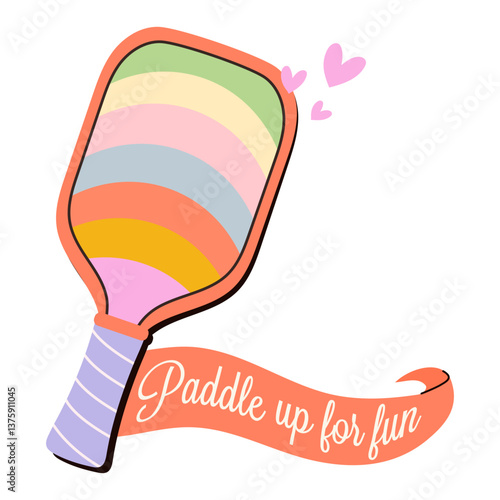 Colorful vector illustration of a pickleball paddle with rainbow stripes and lettering on the side of the ribbon,vector illustration.