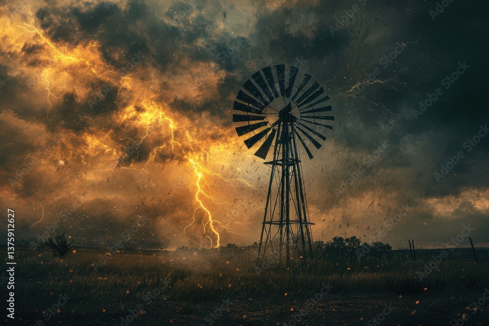 A Windmill Stands During A Dramatic Thunderstorm With Lightning A Windmill Stands During A Dramatic Thunderstorm With Lightning