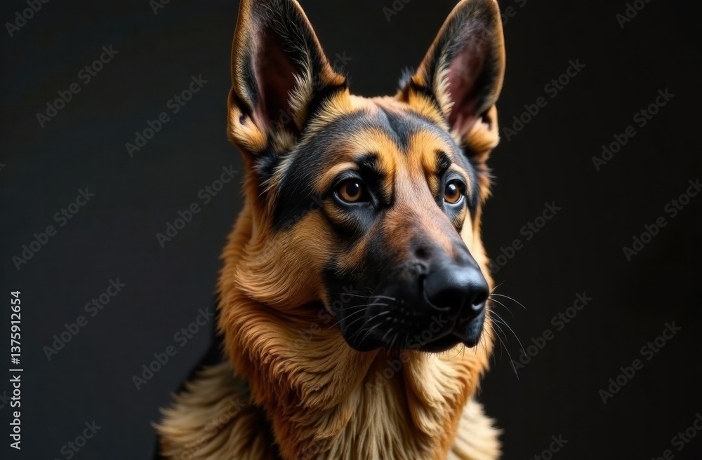 Fototapeta premium German Shepherd dog with alert expression against dark background 