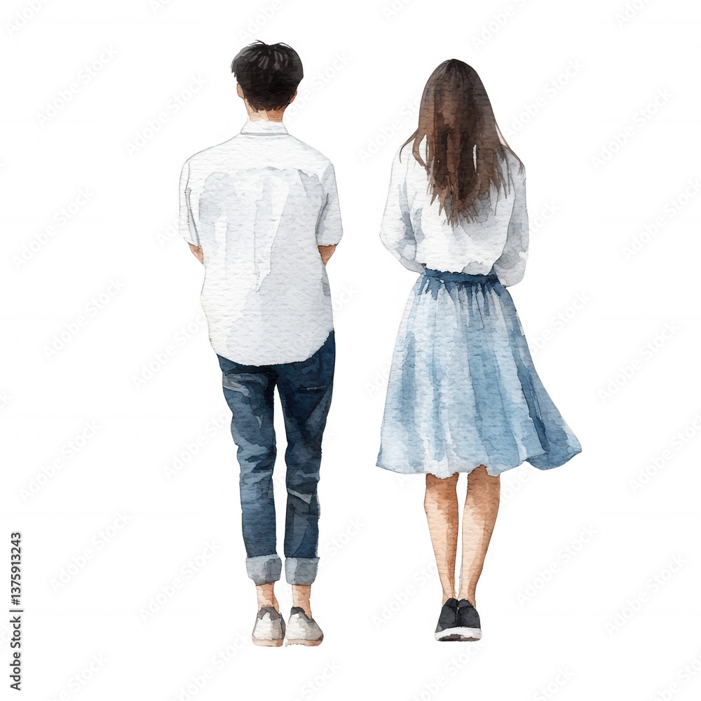 A couple walking away, showcasing casual attire, with a focus on their backs. Ideal for themes of relationships and companionship against a clean background. A couple walking away, showcasing casual attire, with a focus on their backs. Ideal for themes of relationships and companionship against a clean background.