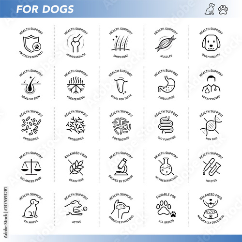 A set of icons for pet treats. The main benefits from a balanced treats. The outline icons are well scalable and editable. Contrasting elements are good for different backgrounds. EPS10.