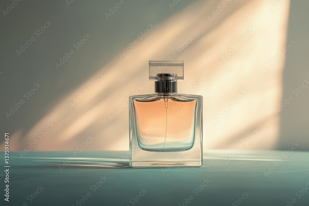 A beautiful bottle of perfume on a table surface A beautiful bottle of perfume on a table surface