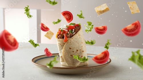 A floating burrito filled with beef, fresh salsa, and cilantro, set against a light minimalist background, ideal for modern food presentations and advertisements. 