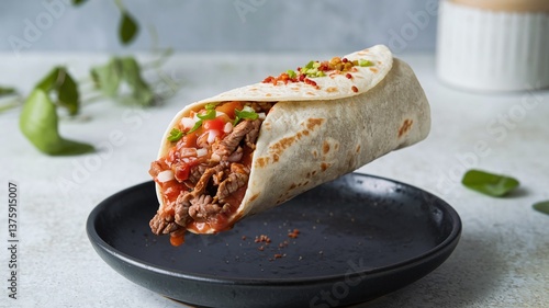 A floating burrito filled with beef, fresh salsa, and cilantro, set against a light minimalist background, ideal for modern food presentations and advertisements. 