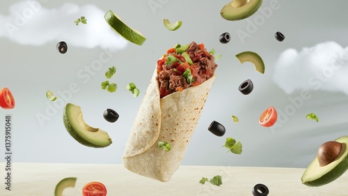 A floating burrito filled with beef, fresh salsa, and cilantro, set against a light minimalist background, ideal for modern food presentations and advertisements. 