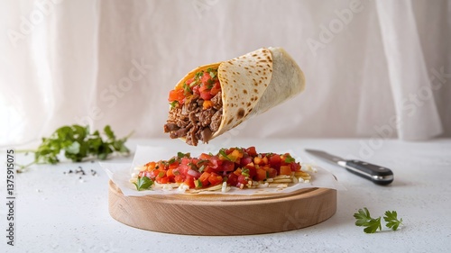 A floating burrito filled with beef, fresh salsa, and cilantro, set against a light minimalist background, ideal for modern food presentations and advertisements. 