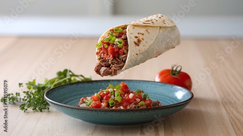 A floating burrito filled with beef, fresh salsa, and cilantro, set against a light minimalist background, ideal for modern food presentations and advertisements. 