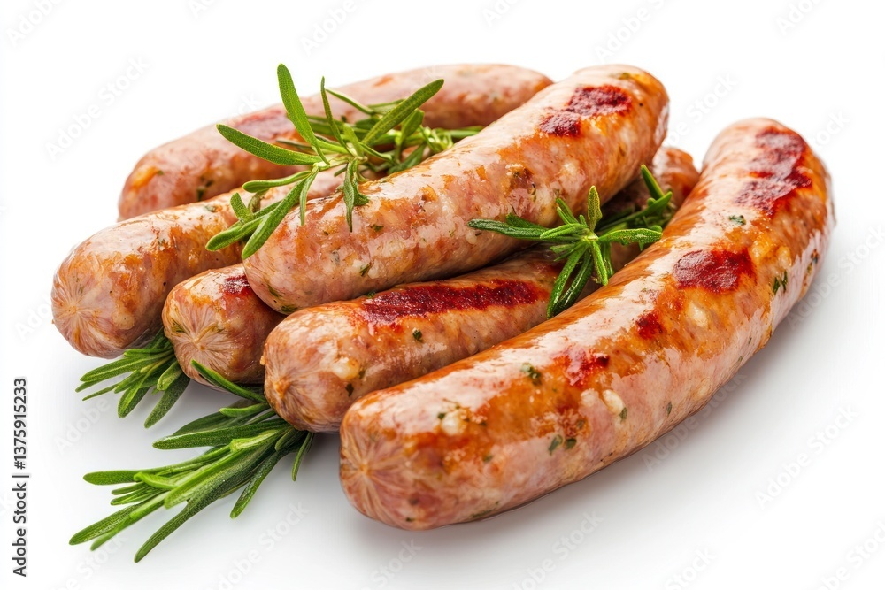 Grilled Sausages with Rosemary Sprigs Close Up on White Background Grilled Sausages with Rosemary Sprigs Close Up on White Background