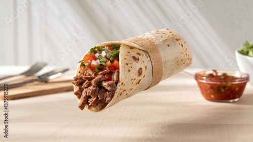A floating burrito filled with beef, fresh salsa, and cilantro, set against a light minimalist background, ideal for modern food presentations and advertisements. 