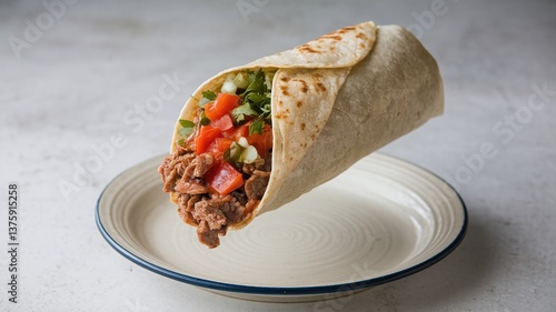 A floating burrito filled with beef, fresh salsa, and cilantro, set against a light minimalist background, ideal for modern food presentations and advertisements. 