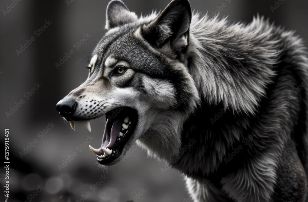 Fototapeta premium Fierce wolf showing teeth in dark forest background 