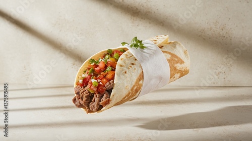 A floating burrito filled with beef, fresh salsa, and cilantro, set against a light minimalist background, ideal for modern food presentations and advertisements. 