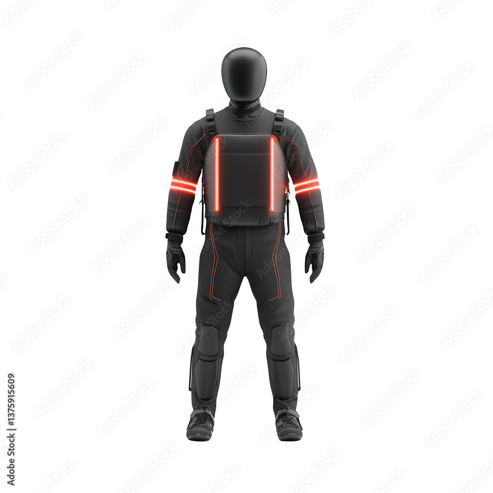 A futuristic and sleek black suit with glowing red accents A futuristic and sleek black suit with glowing red accents