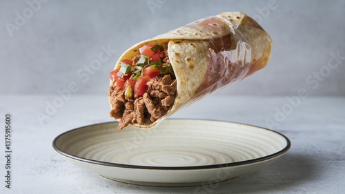 A floating burrito filled with beef, fresh salsa, and cilantro, set against a light minimalist background, ideal for modern food presentations and advertisements. 
