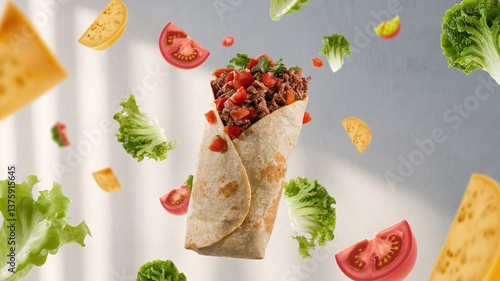 A floating burrito filled with beef, fresh salsa, and cilantro, set against a light minimalist background, ideal for modern food presentations and advertisements. 