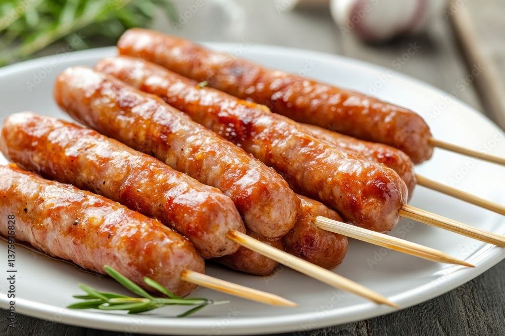 Grilled Sausages on Skewers Delicious Appetizer or Snack Food Photography Grilled Sausages on Skewers Delicious Appetizer or Snack Food Photography