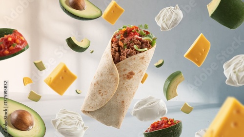 A floating burrito filled with beef, fresh salsa, and cilantro, set against a light minimalist background, ideal for modern food presentations and advertisements. 