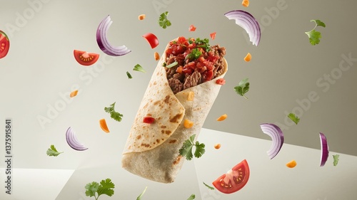 A floating burrito filled with beef, fresh salsa, and cilantro, set against a light minimalist background, ideal for modern food presentations and advertisements. 