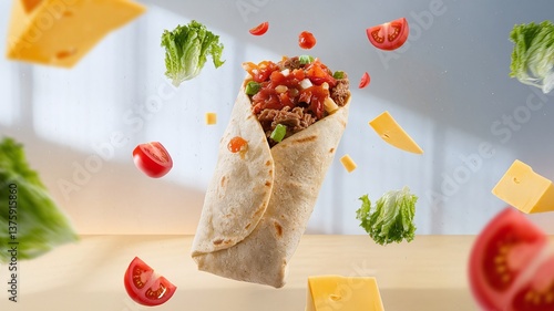 A floating burrito filled with beef, fresh salsa, and cilantro, set against a light minimalist background, ideal for modern food presentations and advertisements. 