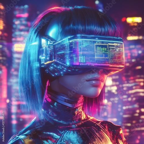 Cyberpunk Woman with VR Headset in Neon City By Generated AI