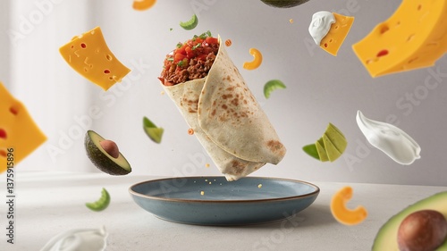 A floating burrito filled with beef, fresh salsa, and cilantro, set against a light minimalist background, ideal for modern food presentations and advertisements. 