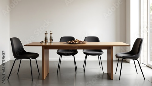 Interior design of stylish dining room interior with family wooden table, modern chairs, plate with nuts, salt and pepper shakers.