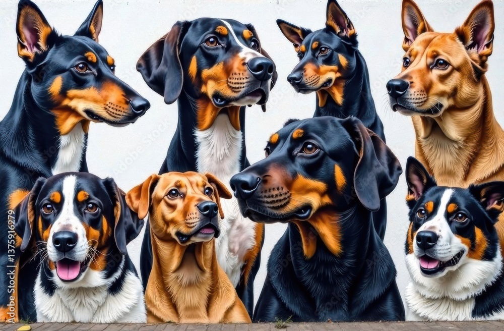 Group of dogs posing together against a white background Group of dogs posing together against a white background