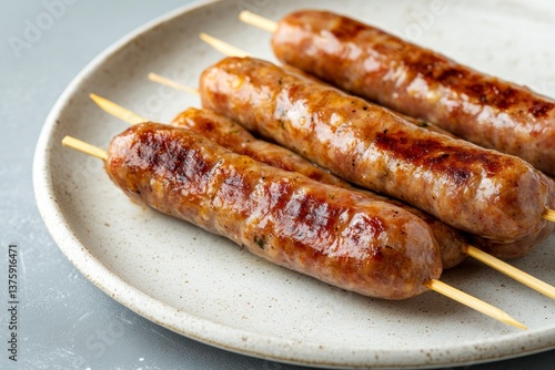 Grilled Sausages on Skewers Served on Plate Ready for Eating