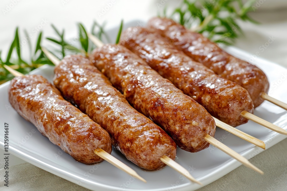 Serving Delicious Grilled Kofta Kebabs on Skewers Ready to Eat Serving Delicious Grilled Kofta Kebabs on Skewers Ready to Eat