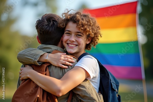 Celebrating love diversity: friends embracing pride flag
