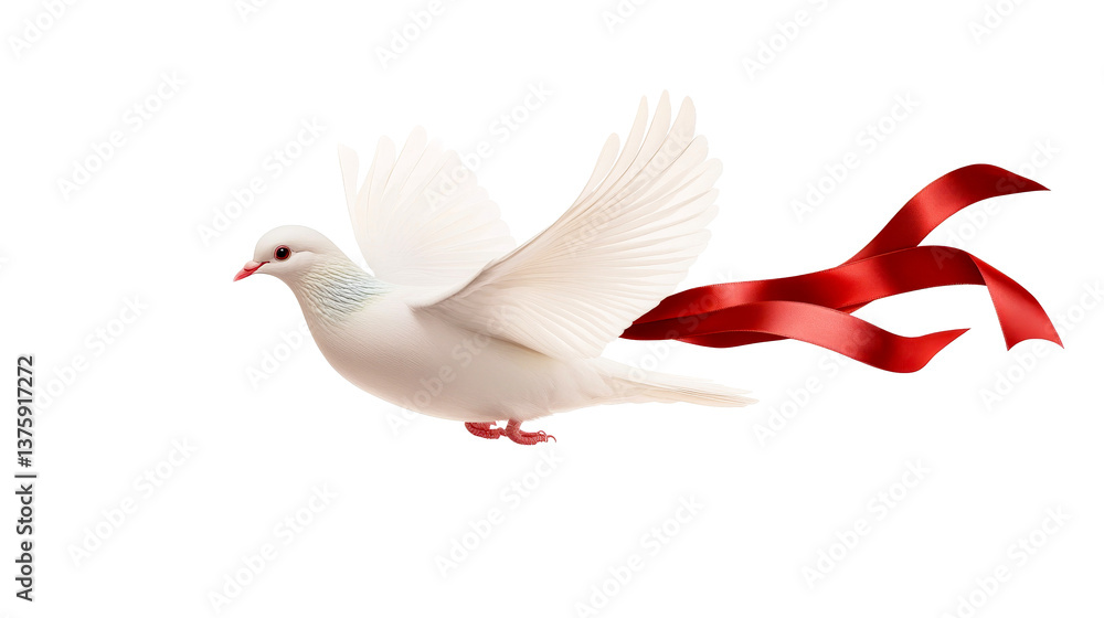 Obraz premium White dove flying with red ribbon, freedom concept, cut out transparent
