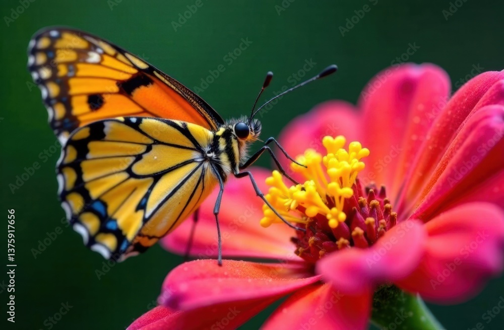 Fototapeta premium Butterfly feeding on vibrant pink flower against green background 